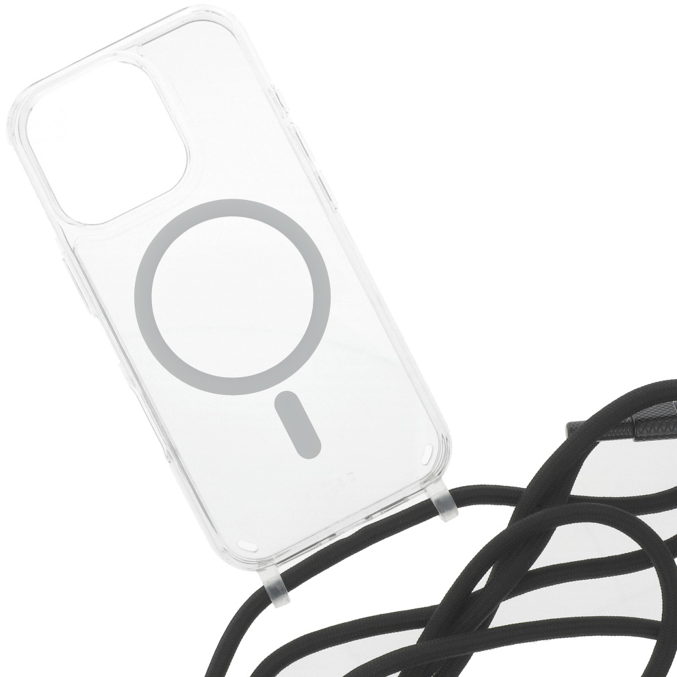 Etui ze smyczą FIXED MagPure Neck do MagSafe z dodatkowym filtrem anty UV do iPhone 16 Pro, czarne